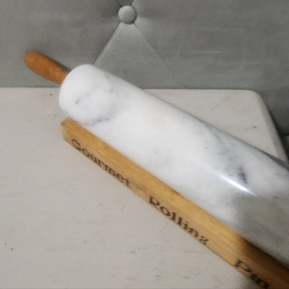 HEAVY! Gourmet Rolling Pin Wood Handles Glittery White Marble Carrera Marble?